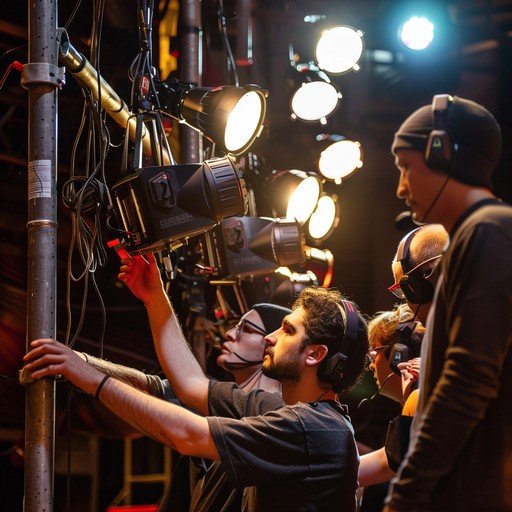 Stage lighting and sound crew at work